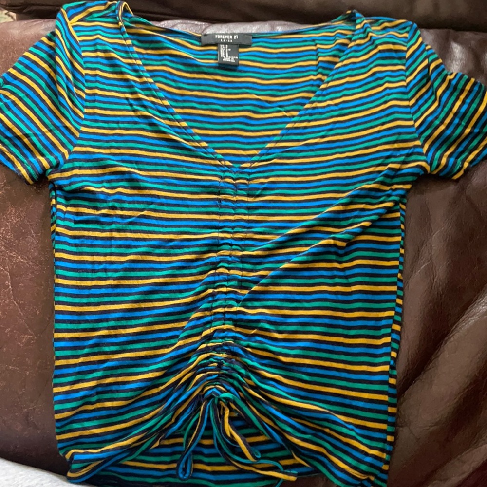 Forever 21 Striped Ribbed Knit V-neck Cinch Tie Top. Super cute!
